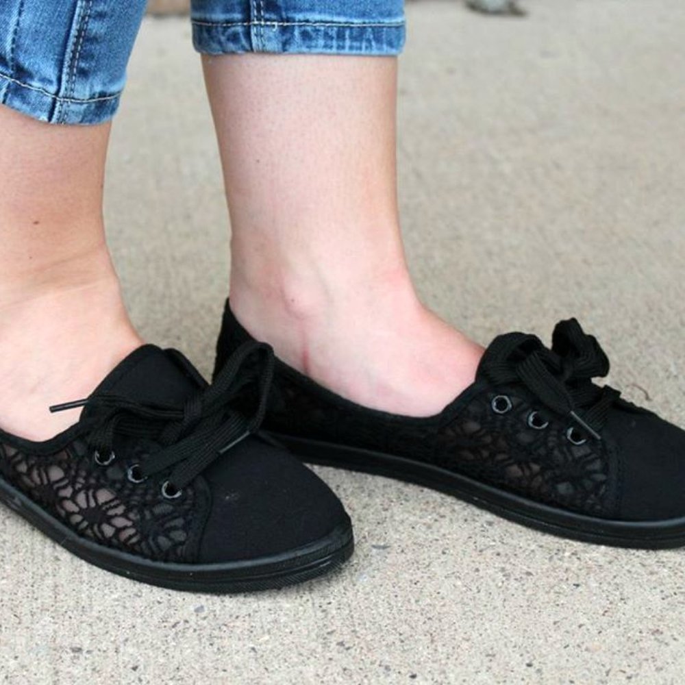 Black Lace Faux Tie Flats Mommy & Me Shoes Slip On - Picture 2 of 4